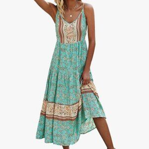 Angashion Women's Dresses Floral Adjustable Spaghetti Strap V Neck Maxi Dress